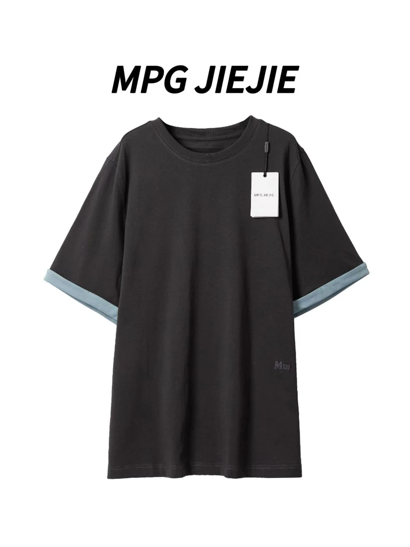 MPG JIEJIE【撞色跃动】大码薄款正肩弹力拼接刺绣圆领T恤