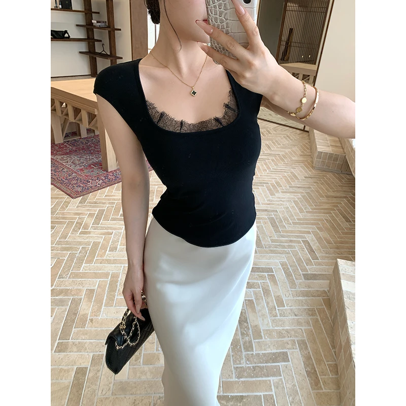 林关关【纯欲因子】纯欲性感蕾丝拼接短袖T恤夏季方领修身显瘦上衣