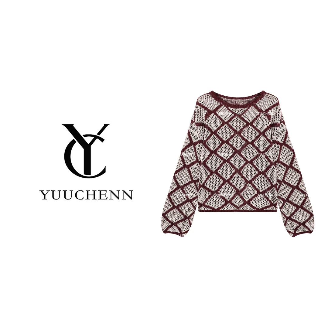 YUUCHENN 圆领格子毛针织衫女套头轻熟风上衣JYY-6690