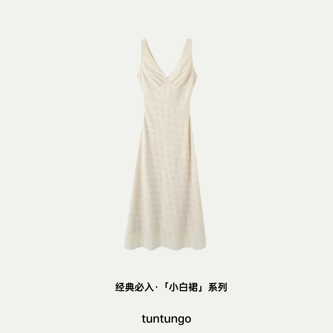 【坨坨耶】纯欲小白裙 V领棉感提花掐腰绑带连衣裙