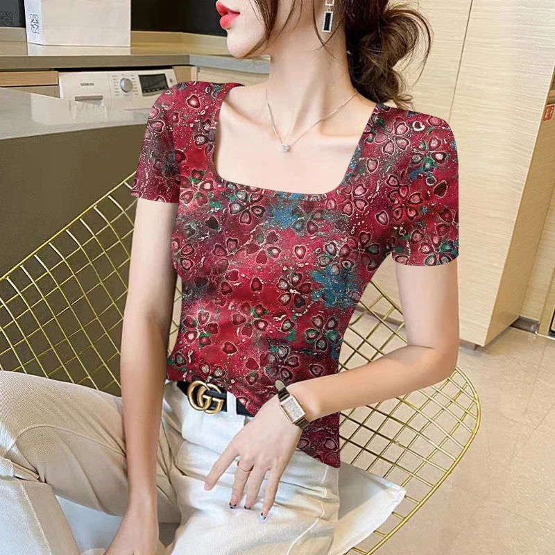 方领短袖T恤女夏季冰丝凉感气质印花显瘦百搭洋气碎花修身上衣女