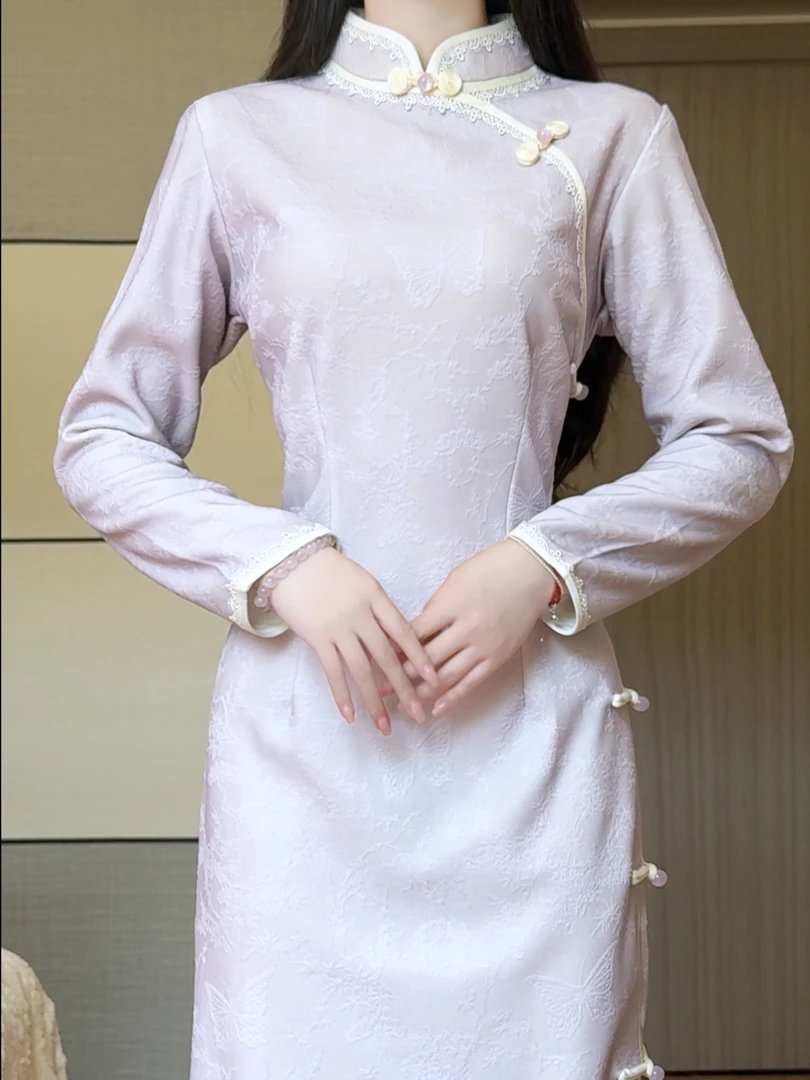 紫色复古新中式长袖旗袍女2025秋季新款日常可穿改良年轻款连衣裙