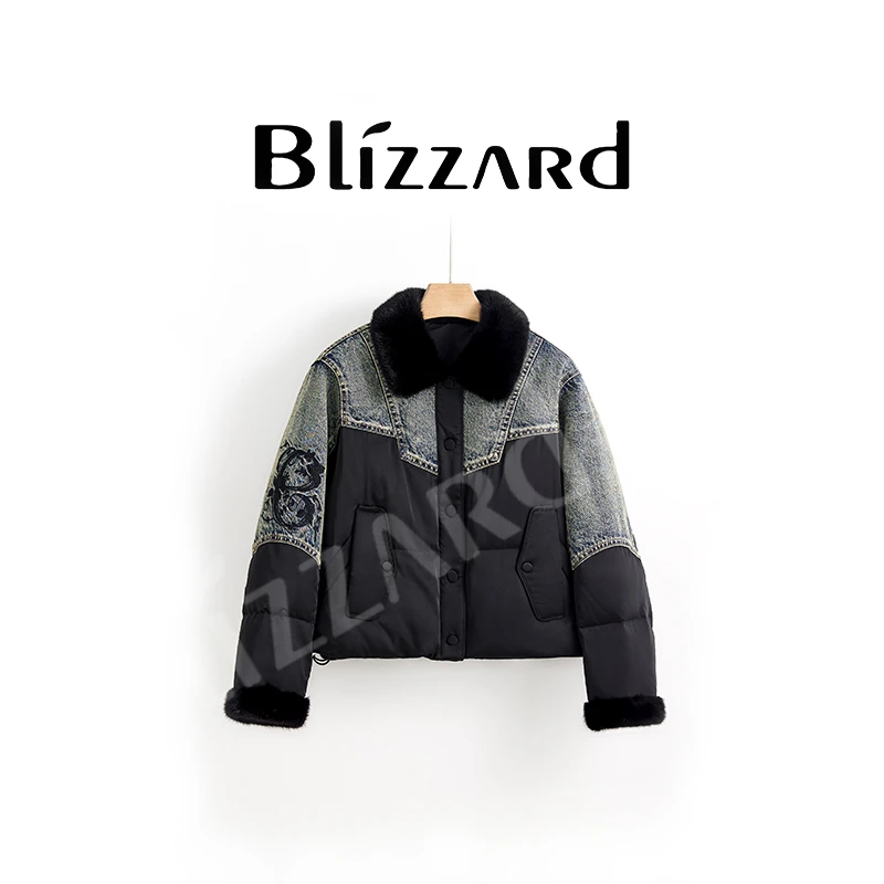 暴雪【黑色】“小香风”牛仔水貂领皮草短外套女2025秋冬白鹅绒羽绒服