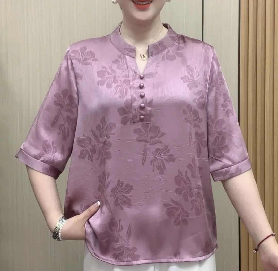 新款上新提花 V领 五分袖 高端气质宽松时尚 中老年小衫