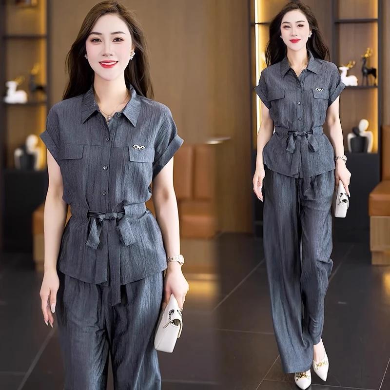 时尚套装女2025夏季新款洋气显瘦设计感短袖上衣阔腿裤两件套潮