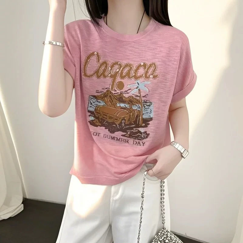 【椰林风情】夏季新款竹节麻印花纯色针织短袖洋气百搭时尚宽松上衣