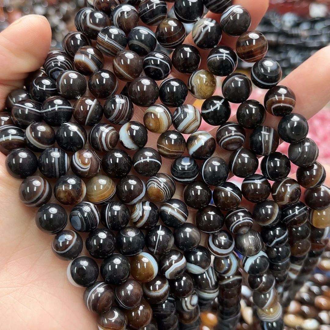 玛瑙/玉髓未镶嵌珠宝半成品卡10黑条纹玛圆珠一条