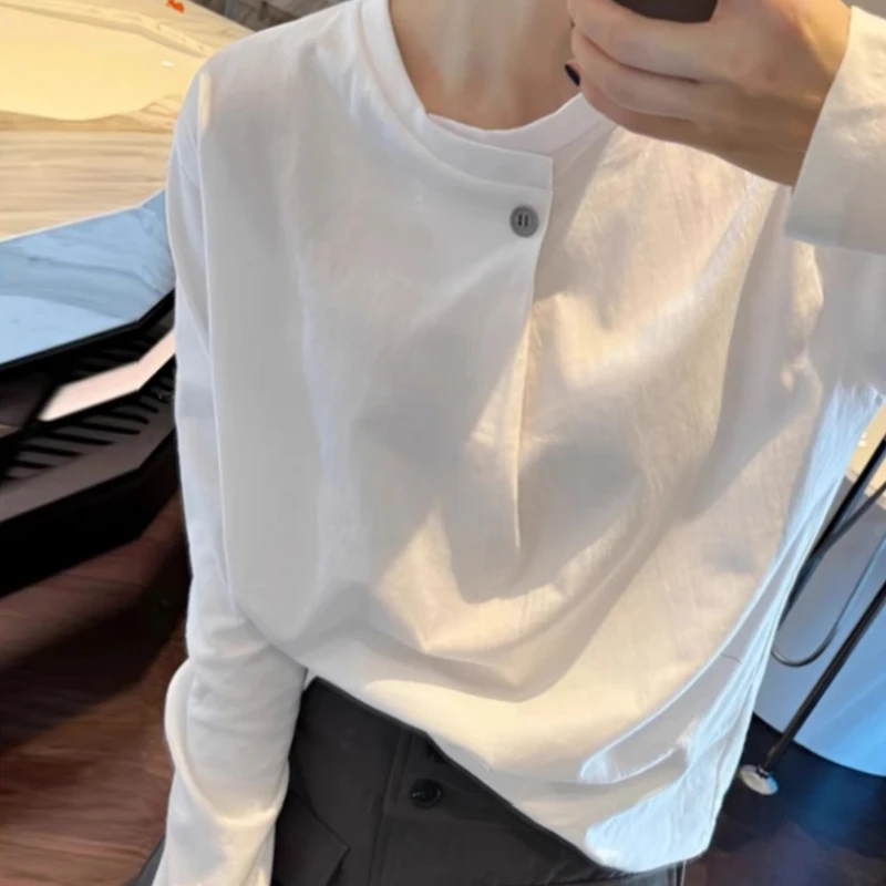 白色长袖T恤女2025新款秋冬韩版宽松打底衫小众设计感扣子上衣ins