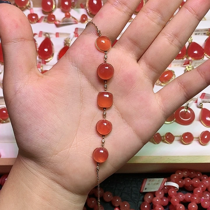18K金镶嵌菱锰矿（红纹石）手链不规则手链