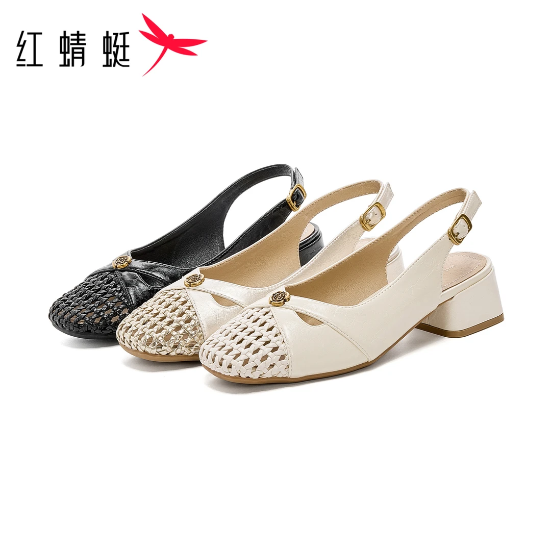 红蜻蜓夏季女镂空方头复古时装凉鞋包头凉鞋半拖编织包头