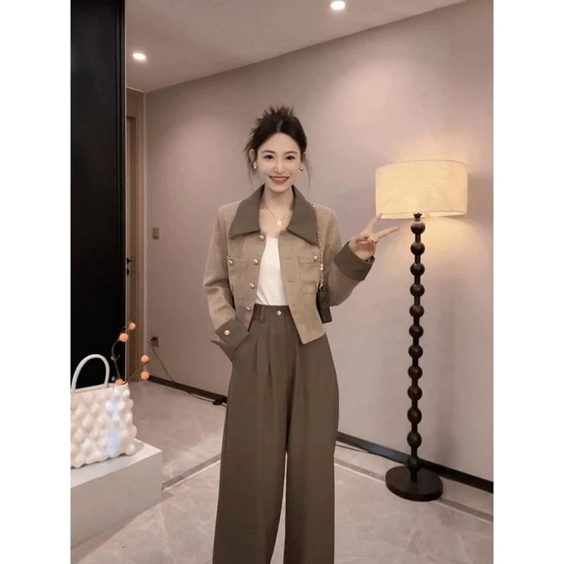 时尚休闲套装女式2025秋季新款小香氛风格夹克高腰直腿宽腿裤两件