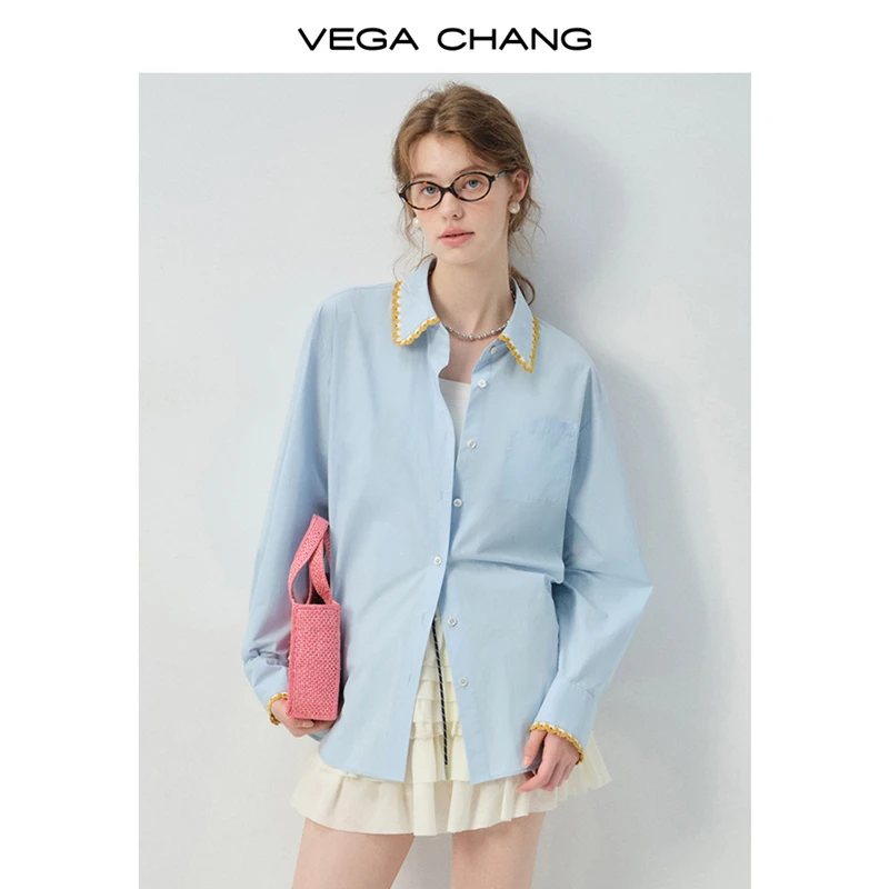 VEGA CHANG蓝色衬衫女2025年早秋新款纯棉拼接花边领上衣0302JJ