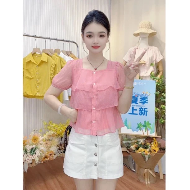 一优·珠光细闪设计感法式荷叶边时尚百搭洋气减龄女士衬衫