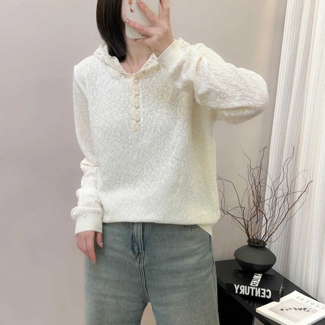 蕾丝花边连帽珍珠扣勾花针织衫春秋季新款上衣宽松韩版打底帽衫女