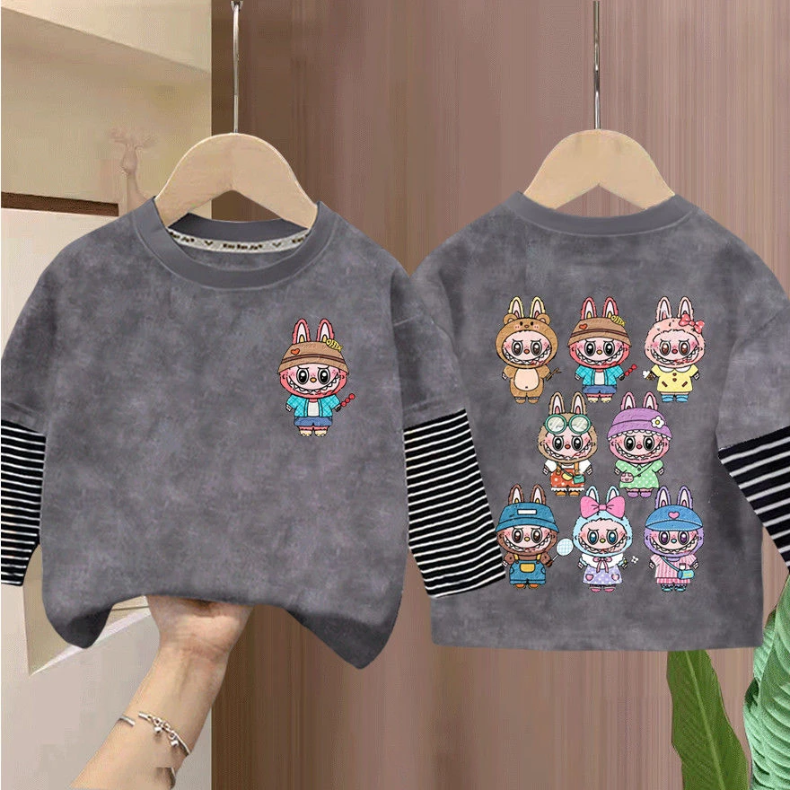 拉布儿童春秋2025新款纯棉长袖圆领男童女童卡通假两件扎染上衣恤