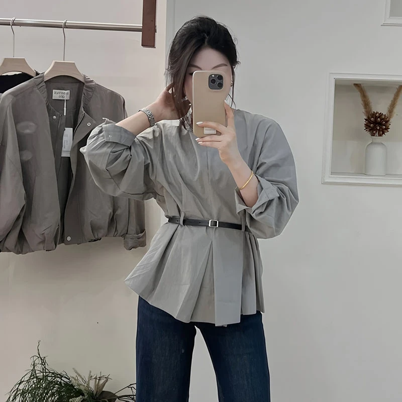 胖mm圆领长袖衬衫女装收腰显瘦高级感上衣法式胖妹妹大码秋季衬衣