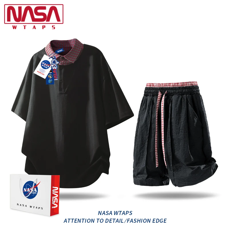 NASA WTAPS假两件POLO衫短袖衬衫套装男款夏季宽松休闲运动两件套