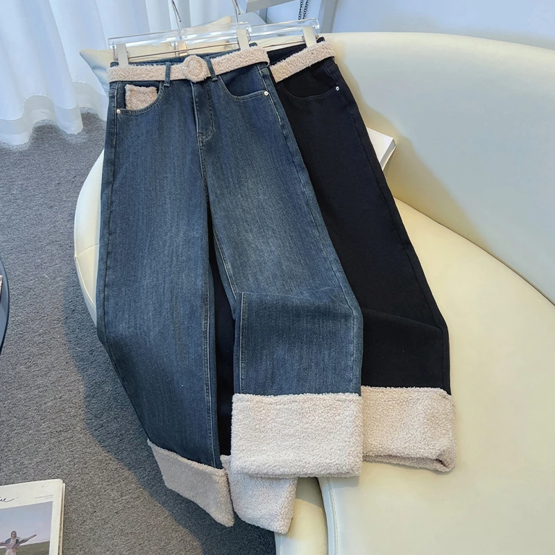 一凡羊羔毛加绒阔腿牛仔裤女装2025秋冬小个子穿搭八分直筒搭配马
