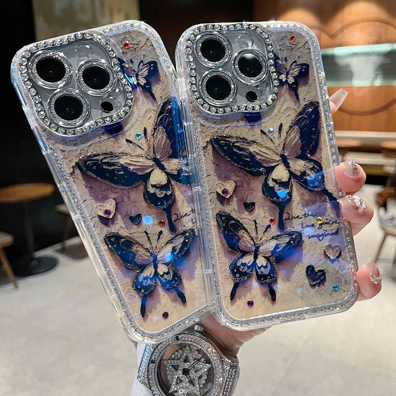 适用苹果系列iPhone16新款手机壳复古爱心蝴蝶扭边钻框闪钻镜头膜
