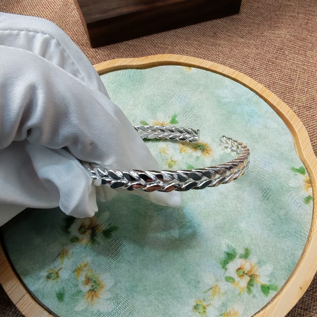 足银手镯 开口麦穗手镯足银999送女友情人节