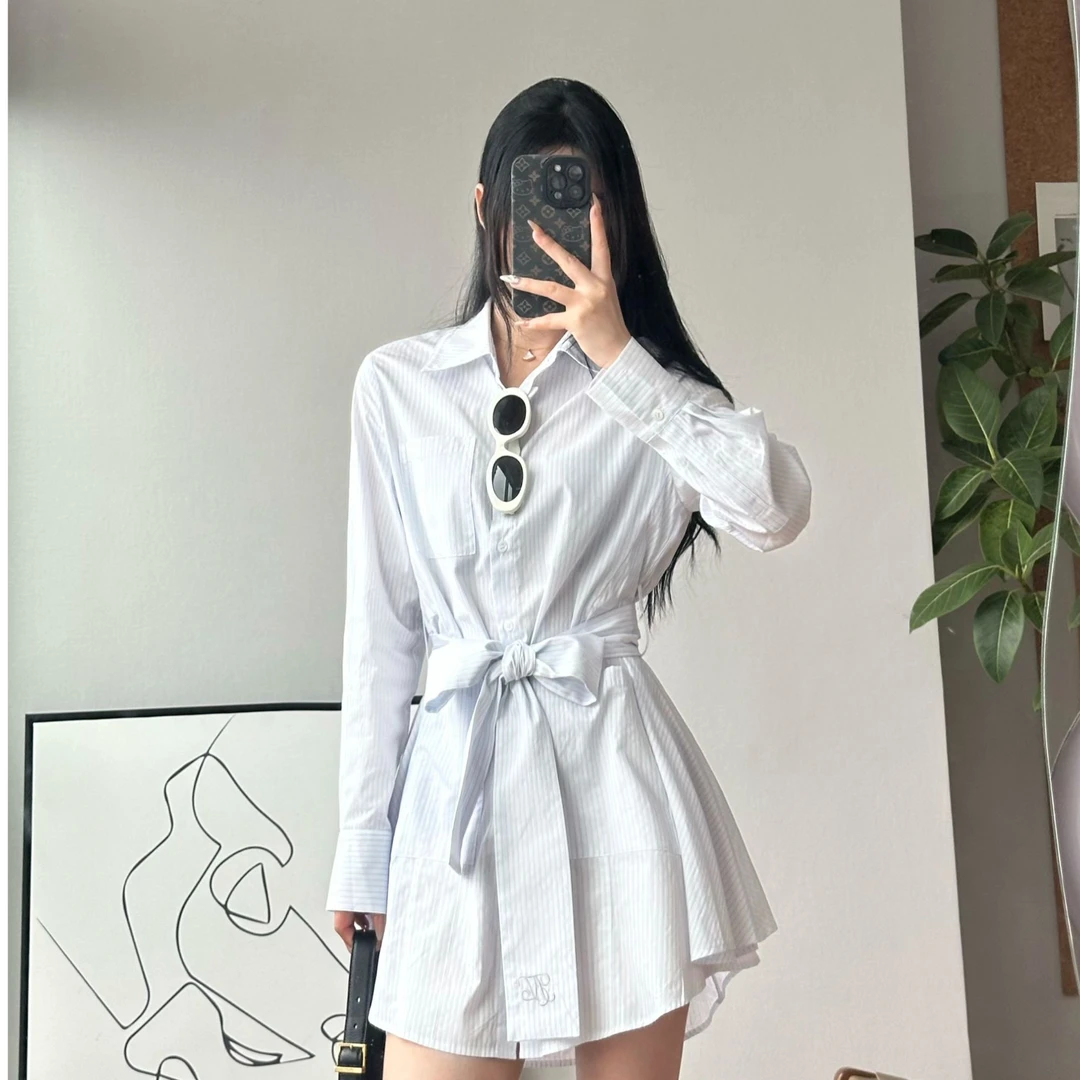 NEUFNEUF9  设计感条纹自带腰带衬衫裙