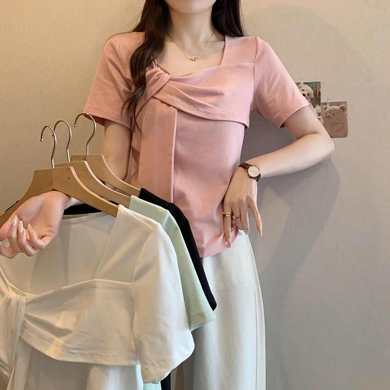 大码方领设计感短袖T恤女夏季2025新款微胖mm遮肚子显瘦气质上衣