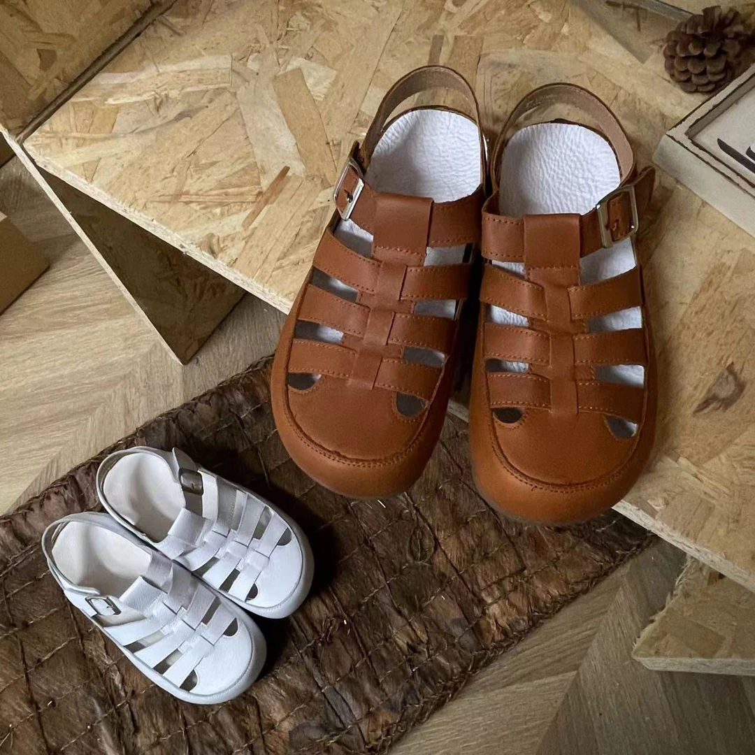 拙手作2025夏季魔术贴编织镂空头层牛皮圆头平底森系百搭凉鞋女鞋