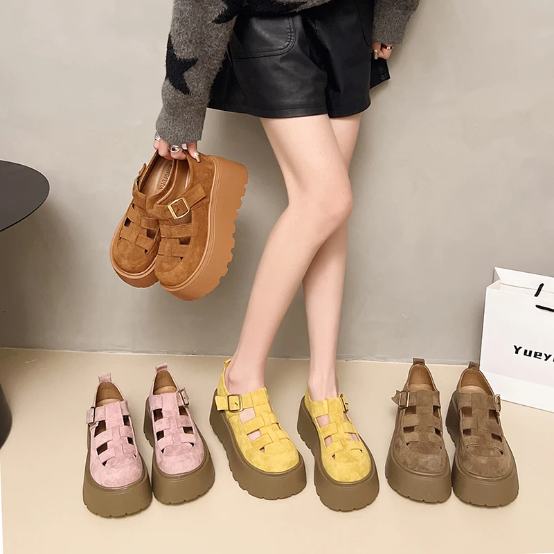透气一字式增高搭扣单鞋舒适时尚柔软圆头英伦风小众厚底乐福鞋女