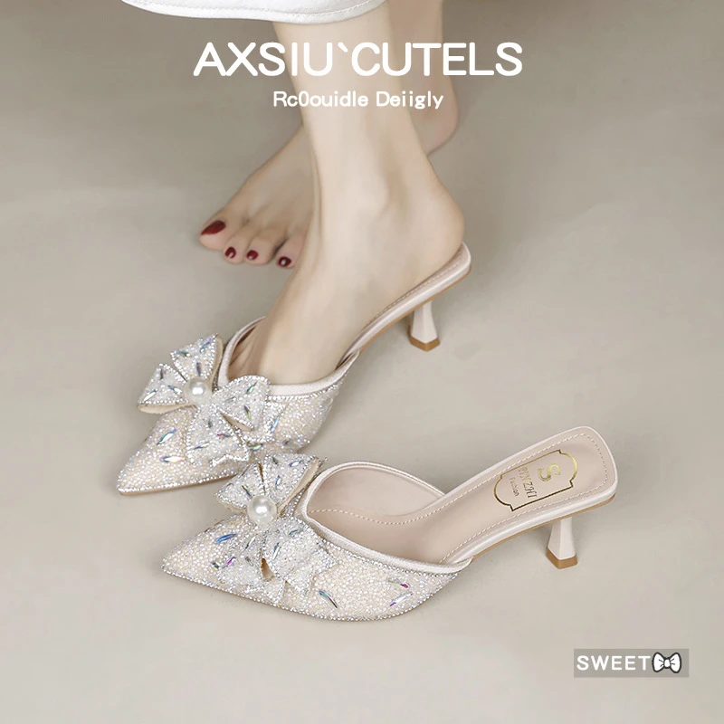 法式水钻蝴蝶结半拖鞋女外穿2025新款尖头珍珠细跟跟高包头凉拖