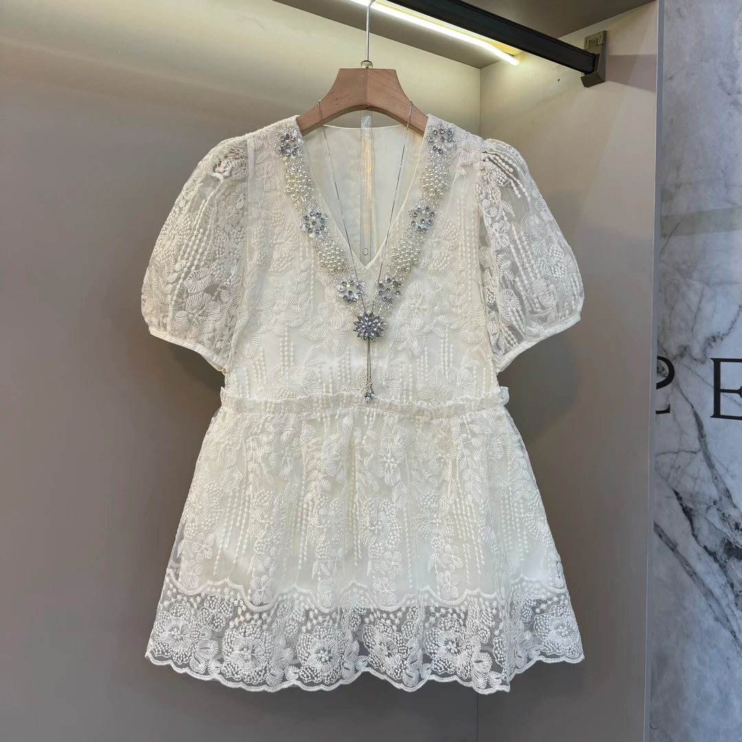 V领欧货2025夏季新款重工钉珠镶钻蕾丝设计感减龄胖妹妹上衣471