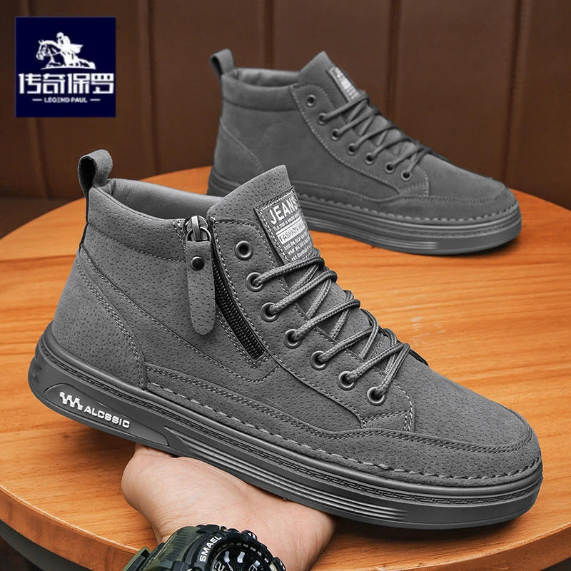 传奇保罗正版高帮男鞋秋季百搭防水防滑男士皮鞋厚底休闲运动板鞋