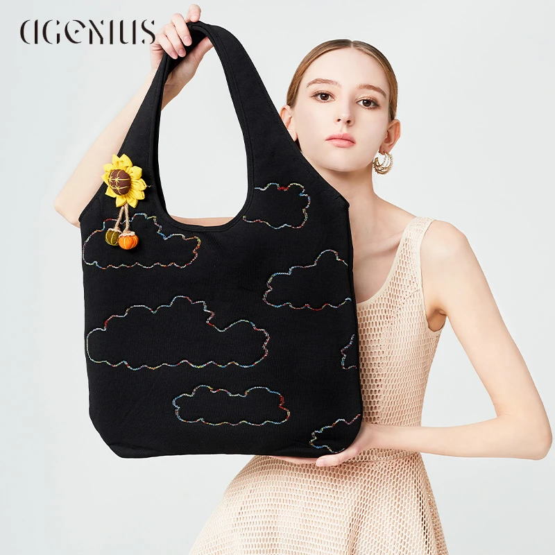 DGENIUS原创云朵刺绣托特包大容量编织手提女包时尚黑色单肩包包