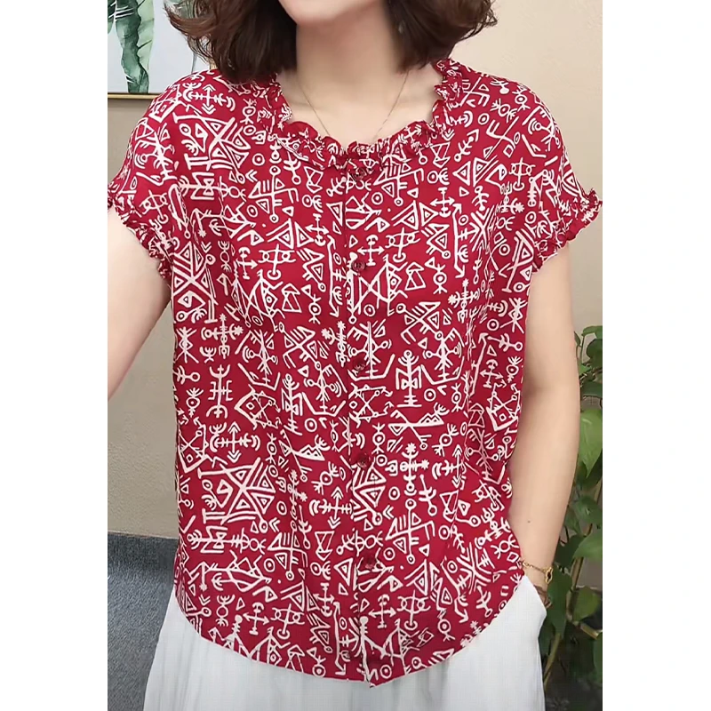 时尚洋气百搭减龄花边短袖衬衫女2025夏季新款韩版创意印花上衣潮