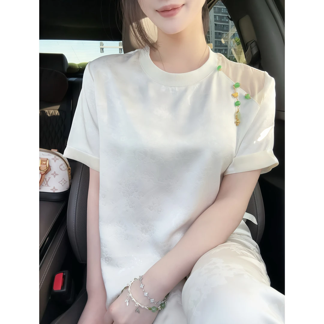 【洛神】T恤透气夏季短袖绣花丝滑舒适女装上衣百搭精致提花