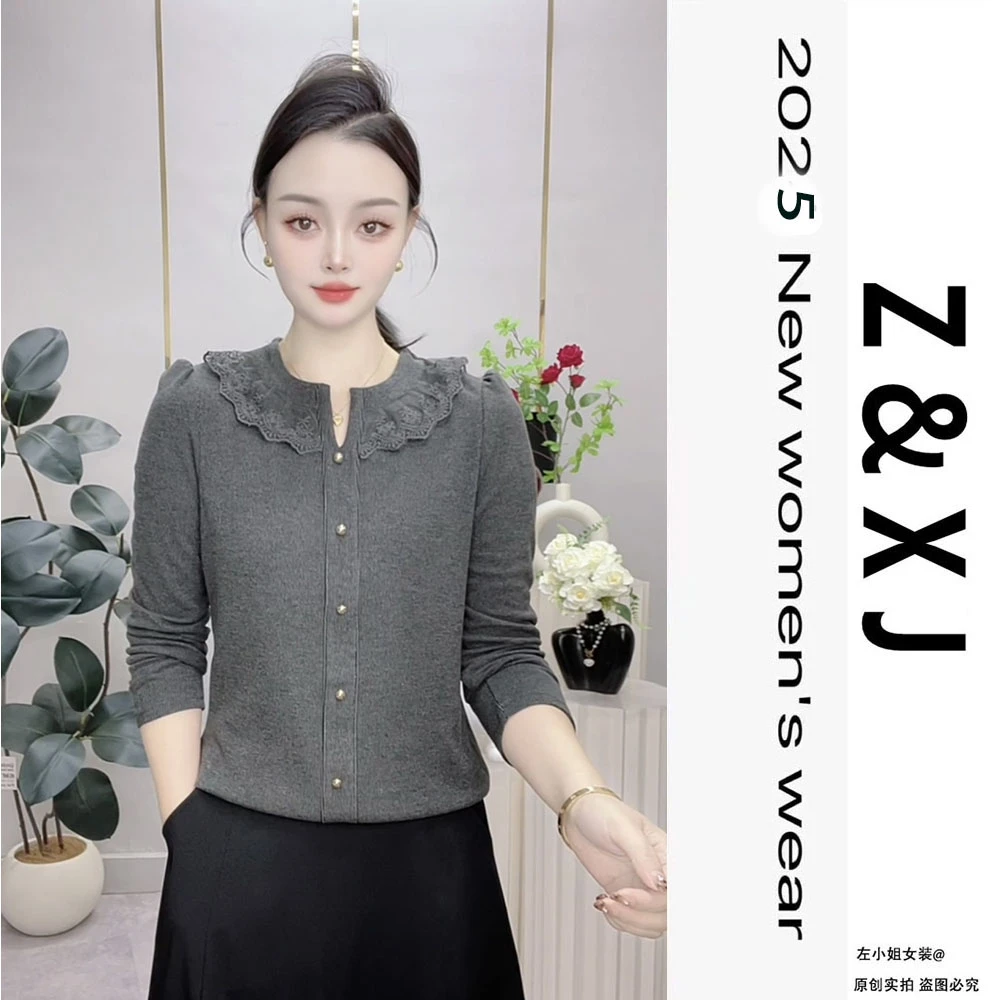 2025秋冬季新款长袖圆领花边显瘦减龄上衣女遮肉气质T恤百搭上衣
