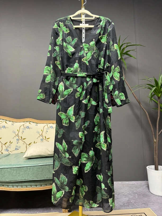 淑女风一片试女装女士碎花夏季蝴蝶重磅中长款V领式连衣裙长裙