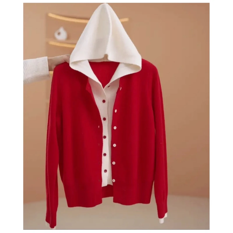 2024连帽爆款羊毛衫针织毛衣红色羊绒绒衫百搭休闲宽松纯色女士