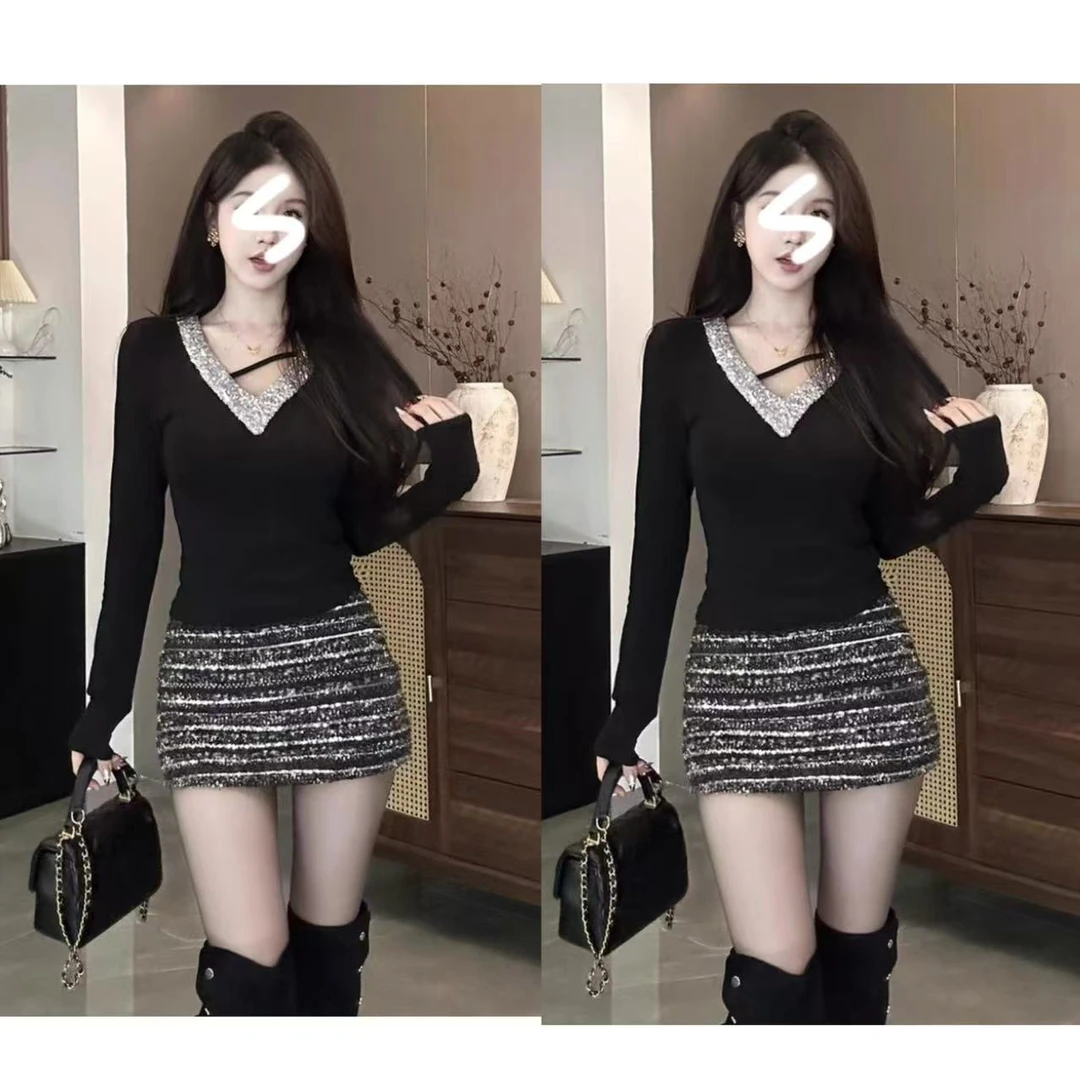 2025年春季新款法式洋气重工亮片V领拼接修身上衣81203