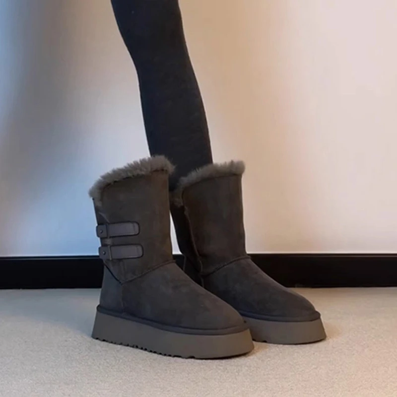 厚底皮带扣皮毛一体雪地靴女2025秋冬新款加绒保暖毛毛鞋短靴棉靴