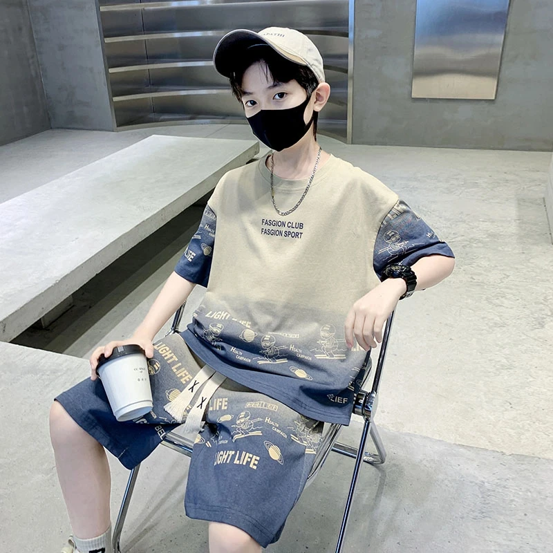 男童夏季纯棉短袖套装2025新款儿童酷帅大童薄款夏款炸街运动衣服