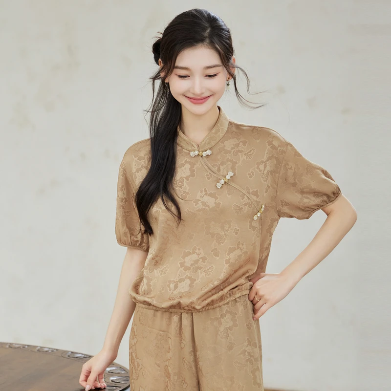 风笛2025夏季新款新中式盘扣衬衫女国风别致泡泡袖短袖衬衣上衣女