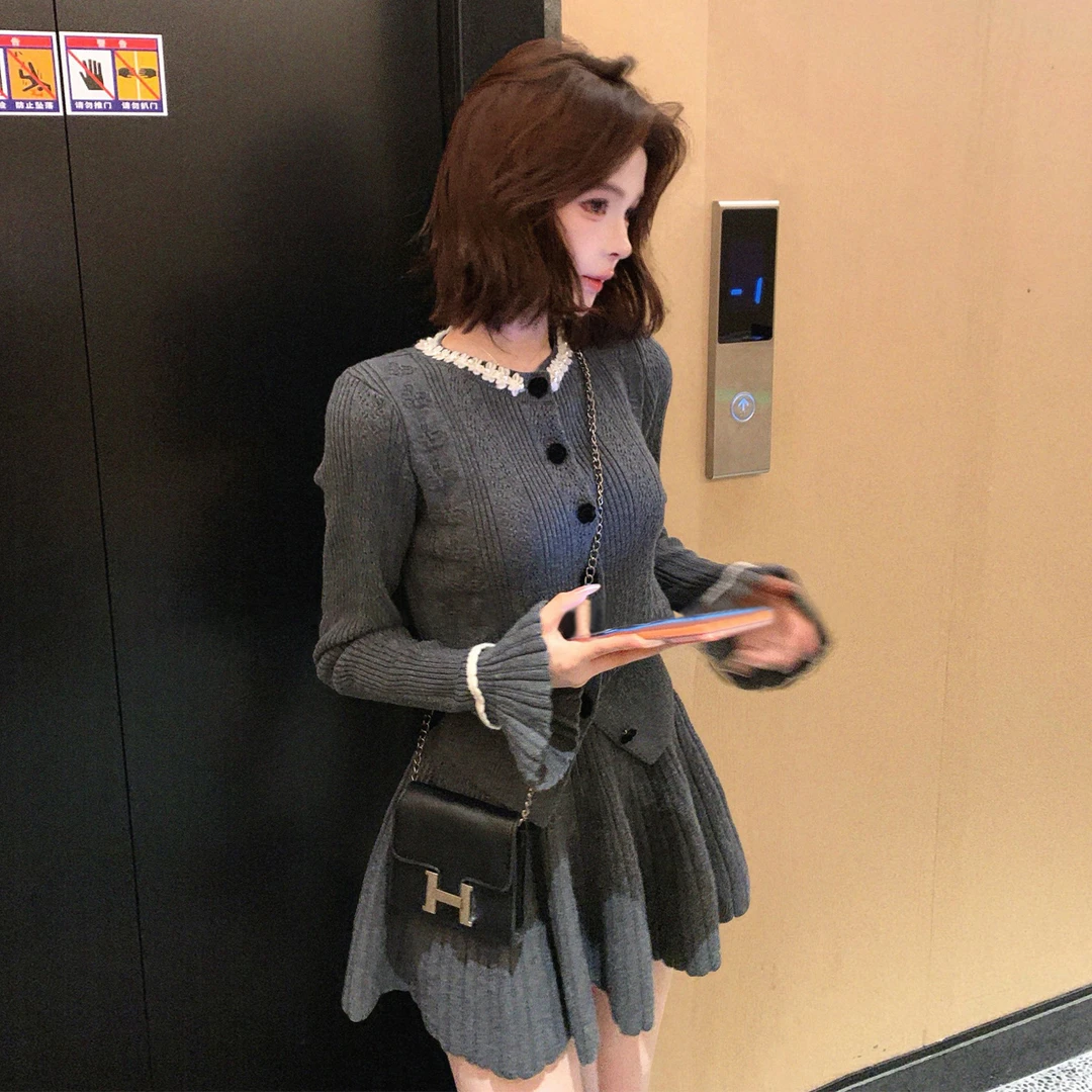 圣诞穿搭小香风连衣裙子女秋冬季2026新款韩系针织毛衣半身裙套装