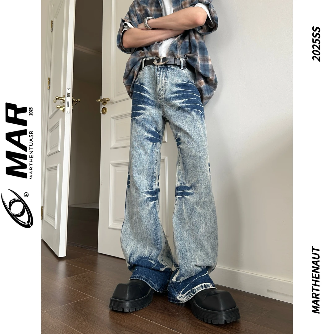MARTHENAUT ＂闪电2025ss＂泛白竹节纹微喇水洗渐变做旧牛仔长裤