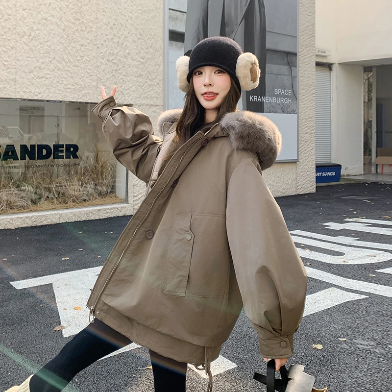 咖色大毛领连帽羽绒服女2024年冬季新款时尚韩系户外保暖加厚外套