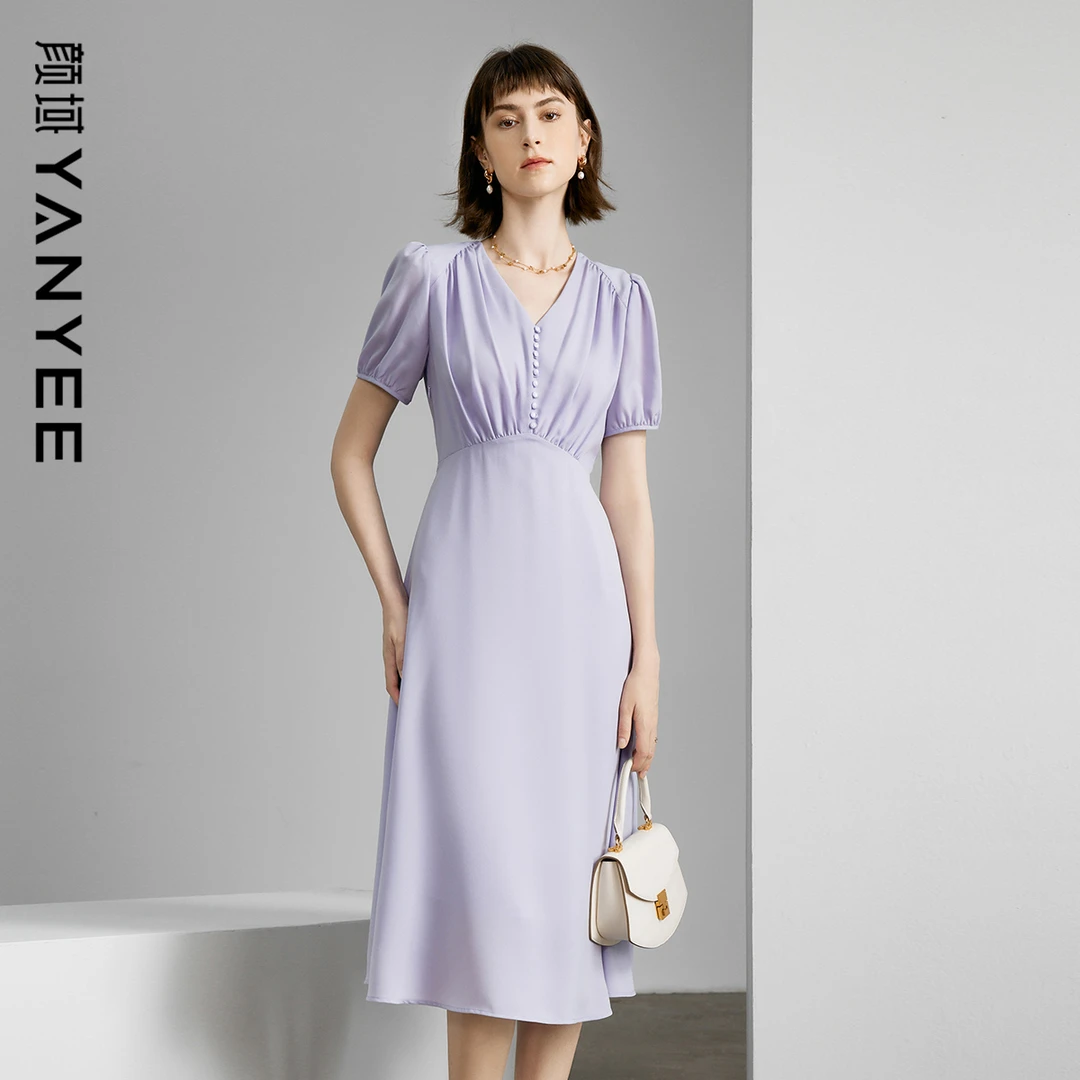颜域优雅气质夏季2025新款收腰显瘦紫色短袖V领连衣裙20S411967