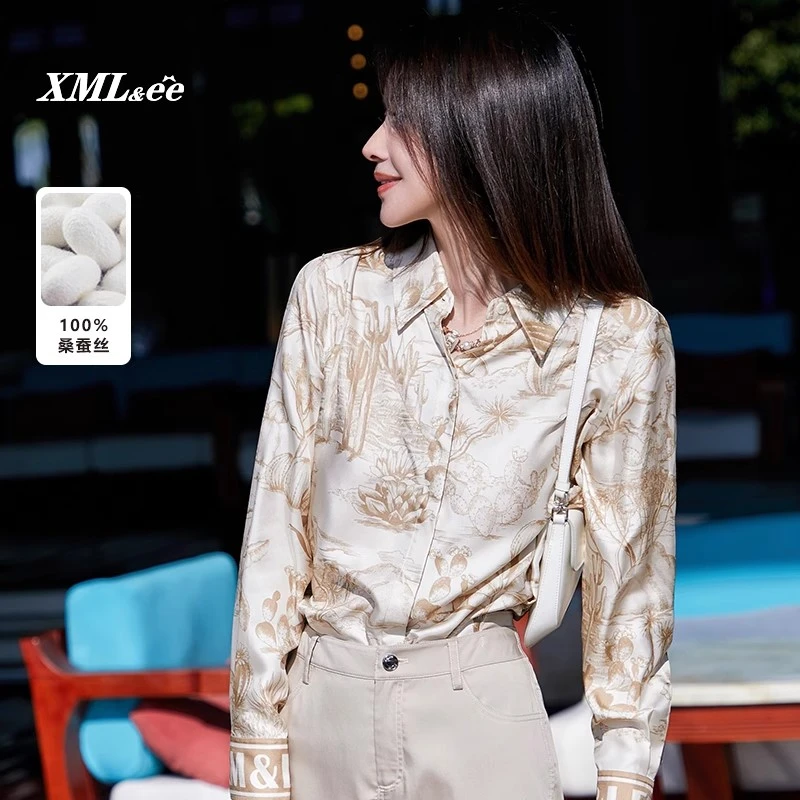 XMLee艾米尔 杏底印花100%桑蚕丝国风轻奢衬衫 X312C2023