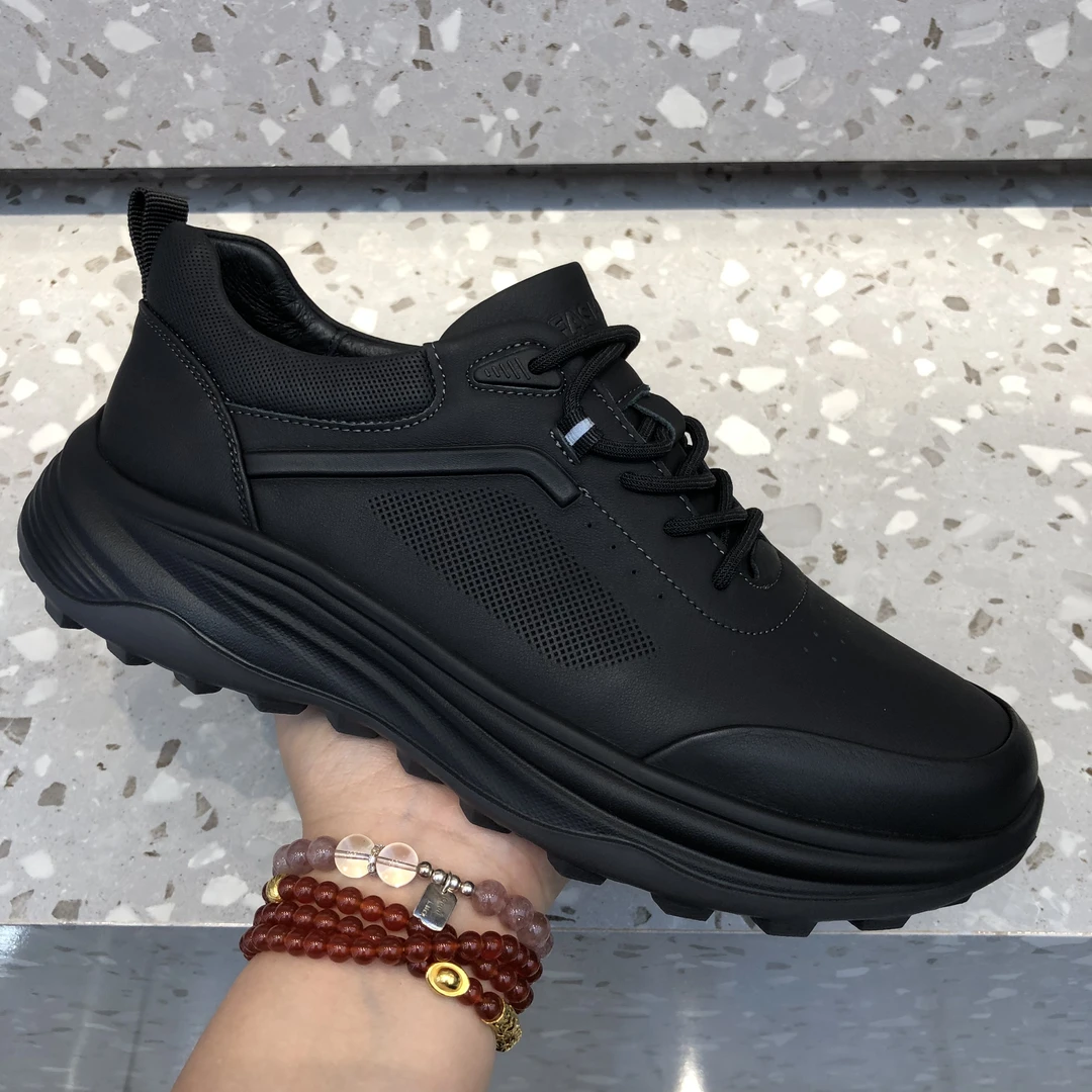 真皮男鞋2025秋季新款黑色系带百搭休闲皮鞋厚底轻便透气运动潮鞋