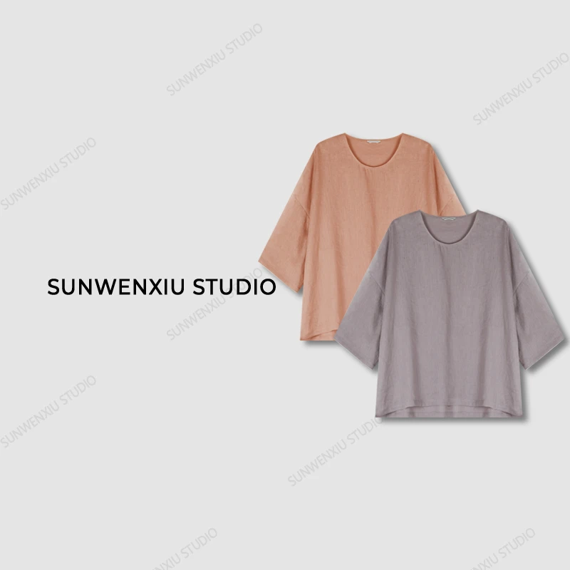 swx studio3店 “森系”100%亚麻砂洗宽松莫兰迪色系慵懒罩衫