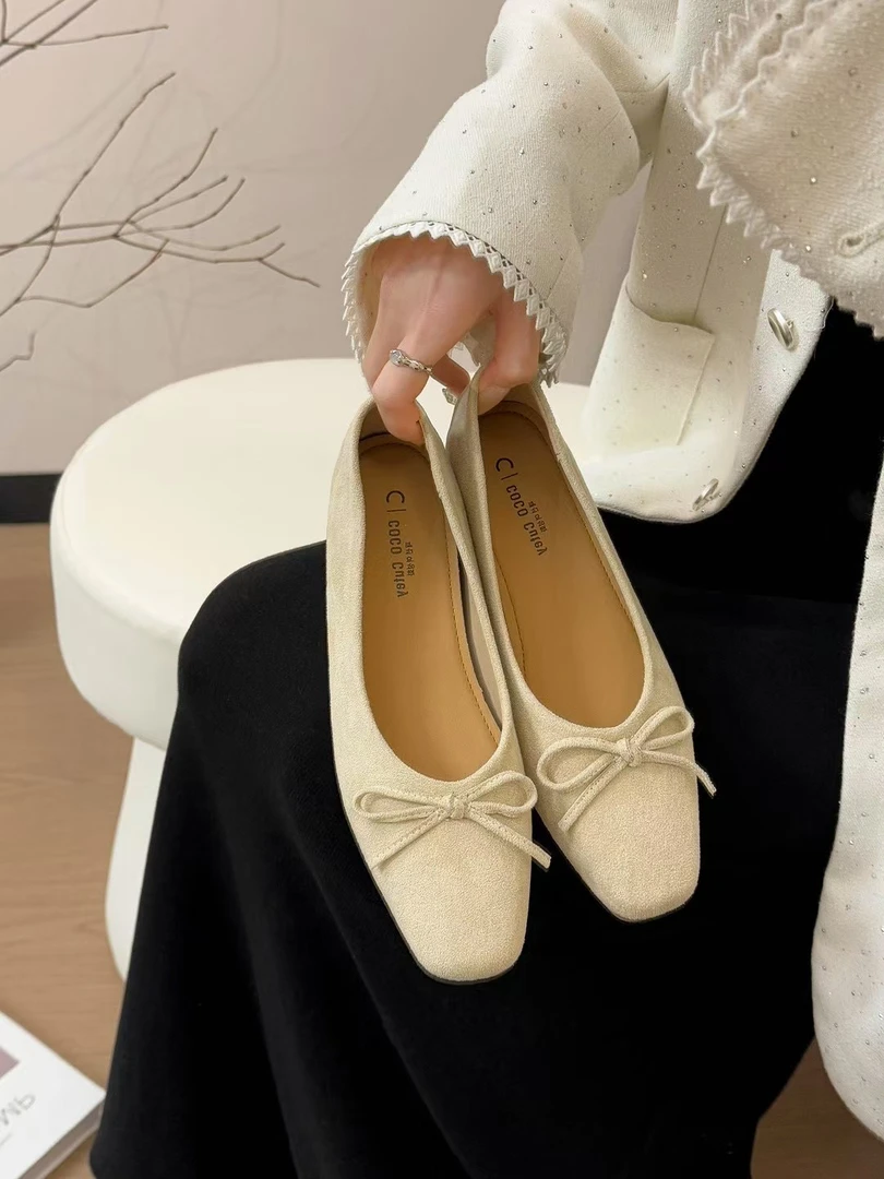 新款内增高绒面法式百搭蝴蝶结小单鞋软底软面脚感舒适