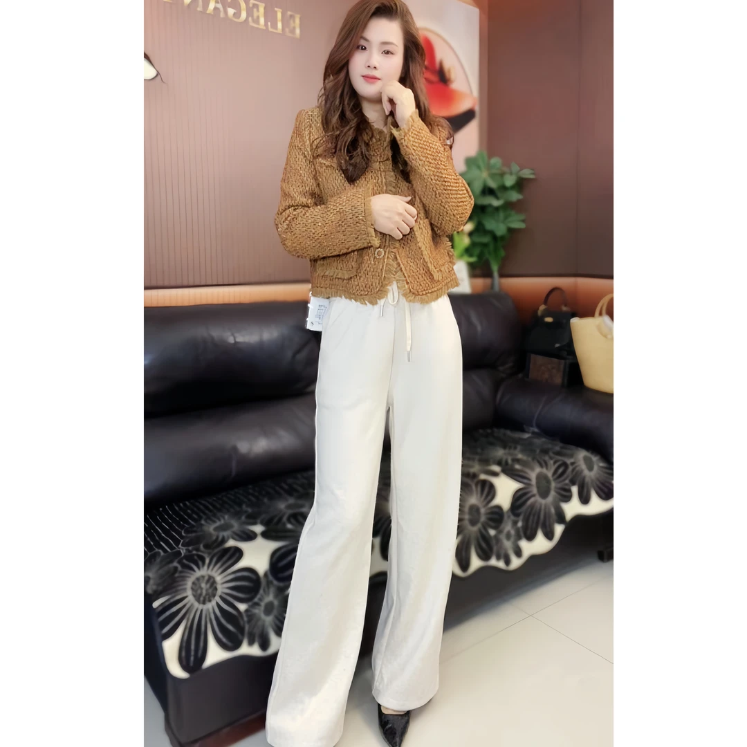 毛呢阔腿裤女2025秋冬口袋休闲风直筒裤高腰休闲裤时尚显瘦加厚